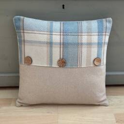 Handmade Balmoral Blue Cream Tartan Tweed Plaid Wool Effect Fabric Pair Of Duck Feather Cushion Pillow With Coconut Buttons - thumbnail 3