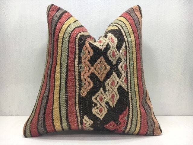 Vintage Kilim Pillow Cover, Handwoven Turkish Cushion, 16x16 - image 1