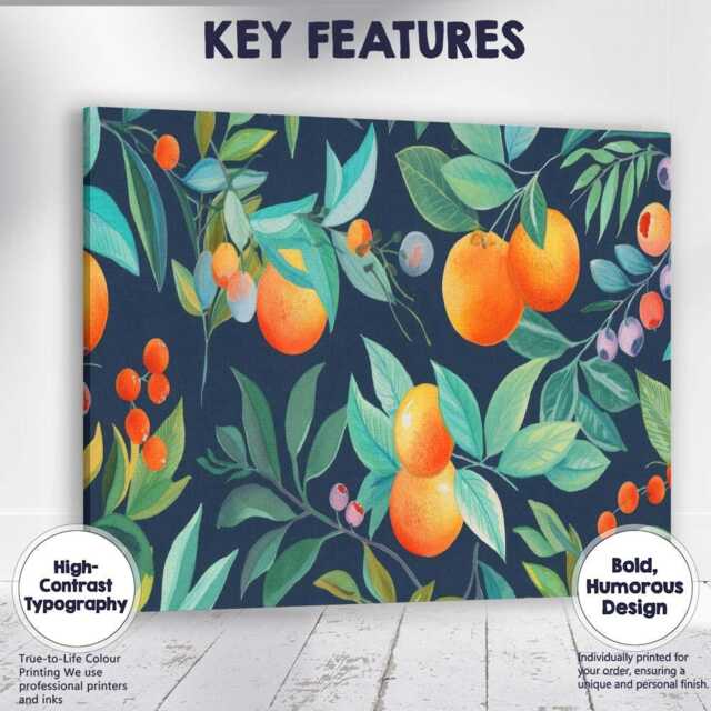 Dark Botanical Orange Branch Fruit Pattern Canvas Wall Art Print Decor Picture Ready To Hang - image 1