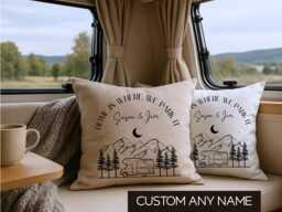 Personalised Campervan Cushion, Motorhome Gift, Home Is Where We Park It, Christmas Gift For Couples, Vanlife Caravan Owner - thumbnail 1