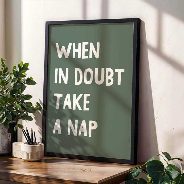 When in Doubt Take A Nap, Unframed Card Art Print, Funny Bedroom Wall Decor, Above Bed Green & Cream - image 1