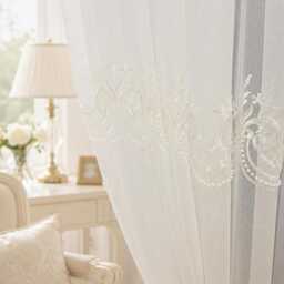 White Embroidered Lace Sheer Curtains, Scalloped Floral Voile Drapes, Romantic Window Panels - thumbnail 3