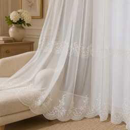 White Embroidered Lace Sheer Curtains, Scalloped Floral Voile Drapes, Romantic Window Panels - thumbnail 2