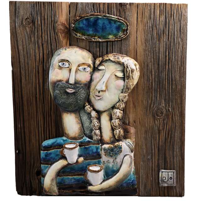 Handmade Wall Hanging Wooden Plaque - Bald Man & Blonde Girl Various Colours - image 1
