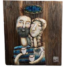Handmade Wall Hanging Wooden Plaque - Bald Man & Blonde Girl Various Colours - thumbnail 1
