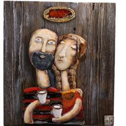 Handmade Wall Hanging Wooden Plaque - Bald Man & Blonde Girl Various Colours - thumbnail 3