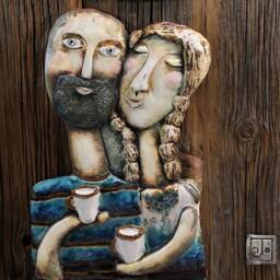 Handmade Wall Hanging Wooden Plaque - Bald Man & Blonde Girl Various Colours - thumbnail 2