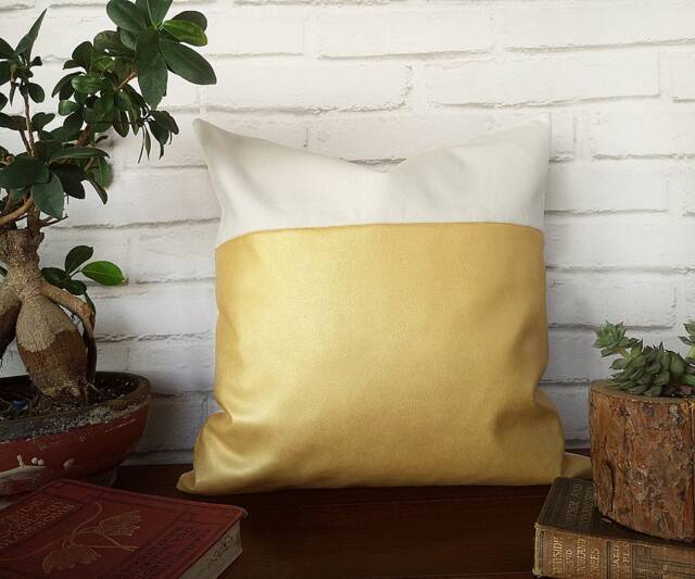 Metallic Gold Faux Leather Pillow Cover Modern Home Decor - 16x16 Inch - image 1