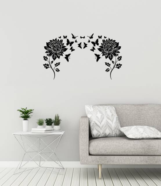 Flowers Vinyl Wall Decal Butterflies Home Decor Ideas Room Interior Stickers Mural - #2940Di - image 1