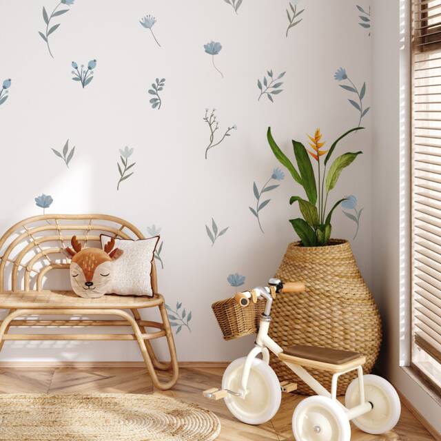 Wall Stickers - 30 Blue Flower Wall Decals Set For Girls Room D??cor Botanical Watercolour Nursery Decor By Dizzy Duck - image 1