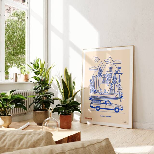 Road Trippin' Surf Art Print Vintage Volvo, Beach Scene - image 1