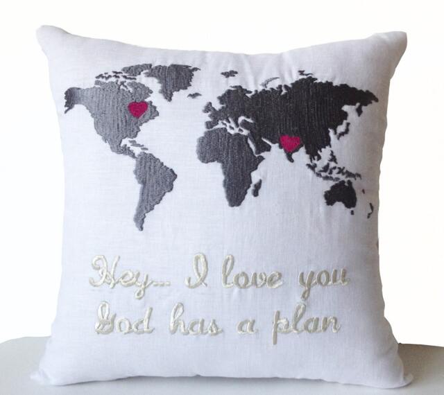 Long Distance Relationship Gift, Linen Pillow Cover, Custom Message Embroidery, Engagement Anniversary Couple Gift - image 1