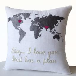 Long Distance Relationship Gift, Linen Pillow Cover, Custom Message Embroidery, Engagement Anniversary Couple Gift - thumbnail 2