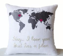 Long Distance Relationship Gift, Linen Pillow Cover, Custom Message Embroidery, Engagement Anniversary Couple Gift - thumbnail 1