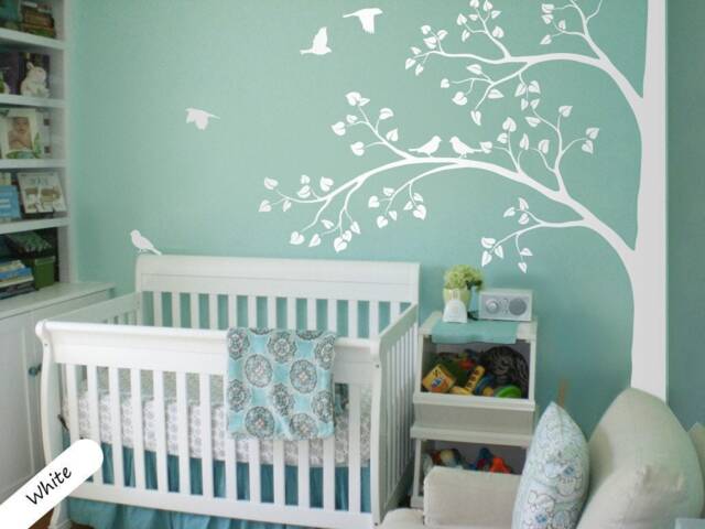 White Tree Wall Decal, Corner Nursery Mural With Leaves & Birds - image 1