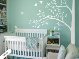 White Tree Wall Decal, Corner Nursery Mural With Leaves & Birds - thumbnail 1