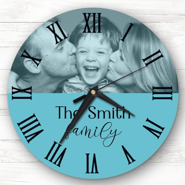 Teal Semicircle Photo Family Name Personalised Gift Clock - image 1