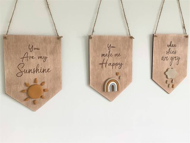 Neutral Nursery Decor, Set Of Three Wooden Wall Hangings, New Baby Gift, , Scandi, You Are My Sunshine, Flags, Baby Shower - image 1