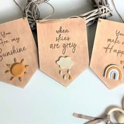 Neutral Nursery Decor, Set Of Three Wooden Wall Hangings, New Baby Gift, , Scandi, You Are My Sunshine, Flags, Baby Shower - thumbnail 2