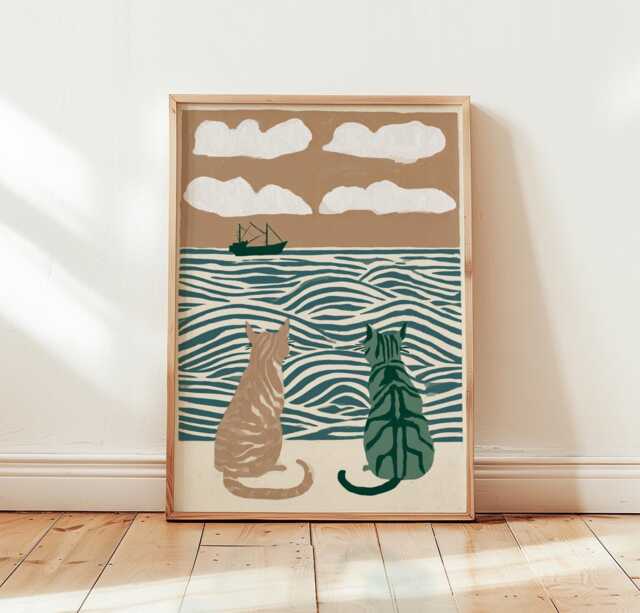 Coastal Cats Poster, Seaside Cat Print, Nautical Wall Art - image 1