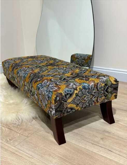 Mustard Floral Upholstered Ottoman Footstool, Chesterfield Style - image 1