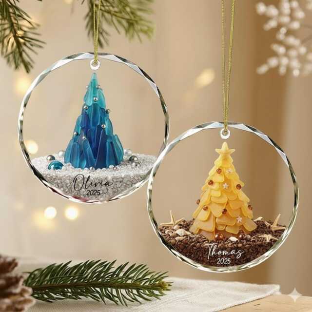 Personalized Seaglass Christmas Tree Ornament, Ceramic Family Gift, Glass Ocean Holiday Keepsake - image 1