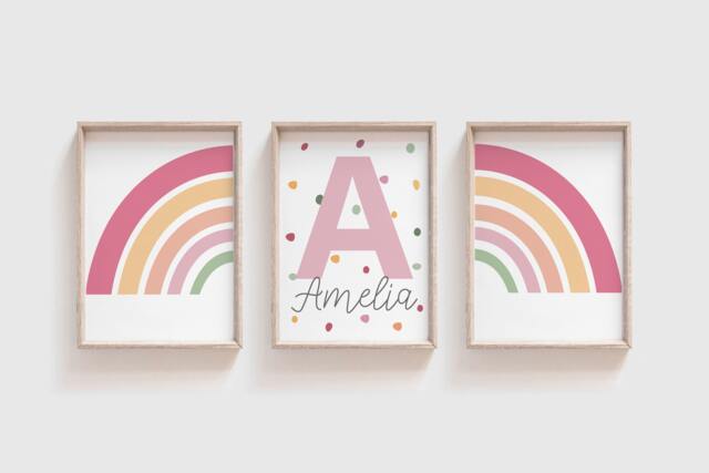Set Of 3 Girls Nursery Prints, Rainbow Wall Art, Bedroom Decor, Blush Pink, Muted Colour, Art - image 1