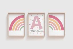 Set Of 3 Girls Nursery Prints, Rainbow Wall Art, Bedroom Decor, Blush Pink, Muted Colour, Art - thumbnail 1