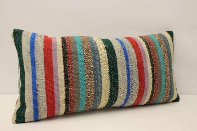 Turkish Kilim Lumbar Pillow Cover, Vintage Wool Throw - 12x24 In - image 1