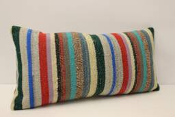 Turkish Kilim Lumbar Pillow Cover, Vintage Wool Throw - 12x24 In - thumbnail 1
