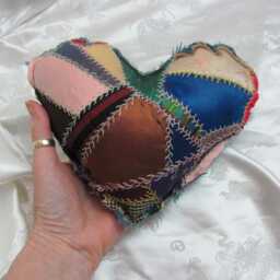stuffed Heart Mini Pillow With Antique Silk Crazy Quilt Over 100 Years Old Embroidered // Pin Cushion Knob Hanger Home Decor 19Th Century - thumbnail 3