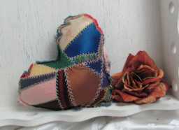 stuffed Heart Mini Pillow With Antique Silk Crazy Quilt Over 100 Years Old Embroidered // Pin Cushion Knob Hanger Home Decor 19Th Century