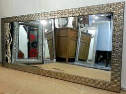 Large Wall Mirror Wood Square Mosaic Design Frame Champagne Or Antique Silver Colour Bevelled Edge 167x76cm - 66x30 Inches - thumbnail 2