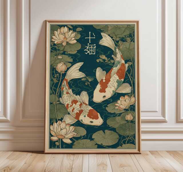 Japanese Koi Fish Wall Art, Pond Poster Print, Oriental Lotus Flower Artwork, Zen Home Decor, Asian Botanical Print - image 1