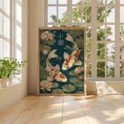 Japanese Koi Fish Wall Art, Pond Poster Print, Oriental Lotus Flower Artwork, Zen Home Decor, Asian Botanical Print - thumbnail 3