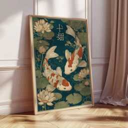 Japanese Koi Fish Wall Art, Pond Poster Print, Oriental Lotus Flower Artwork, Zen Home Decor, Asian Botanical Print - thumbnail 2