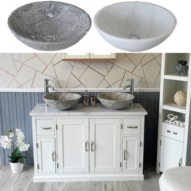 White Bathroom Vanity Unit Cabinet Twin Marble Bowl Basin Tap Plug 402Pwmsbcx2 - image 1