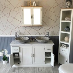White Bathroom Vanity Unit Cabinet Twin Marble Bowl Basin Tap Plug 402Pwmsbcx2 - thumbnail 3