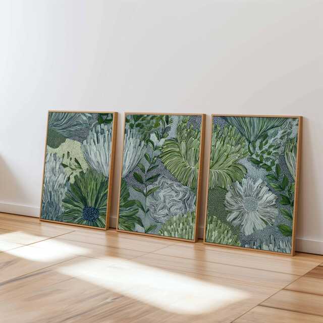 Textured Botanical Wall Art Set Of 3, Green & White Floral Prints, Modern Abstract Flower Posters For Living Room Or Bedroom Decor - image 1