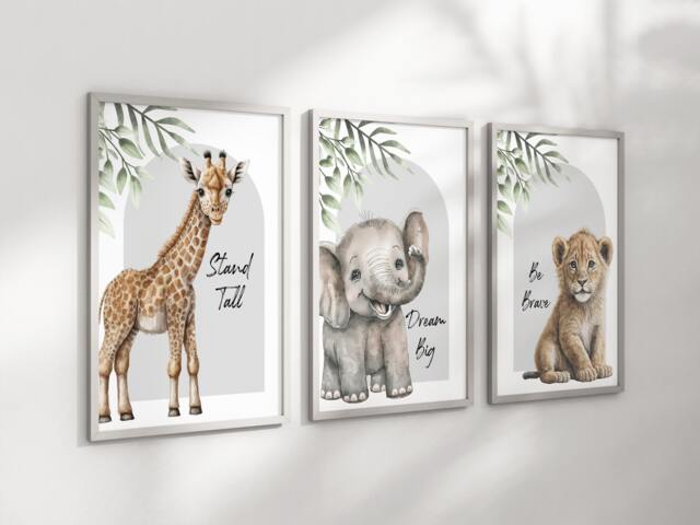 Safari Elephant Giraffe Lion Animal Baby Girls Boys A4 A3 Nursery Set Of Unframed Prints Unisex Neutral Boho Quote Beige Green Grey Jungle - image 1