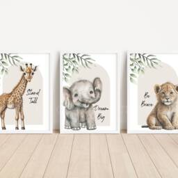 Safari Elephant Giraffe Lion Animal Baby Girls Boys A4 A3 Nursery Set Of Unframed Prints Unisex Neutral Boho Quote Beige Green Grey Jungle - thumbnail 3