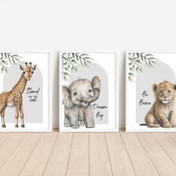 Safari Elephant Giraffe Lion Animal Baby Girls Boys A4 A3 Nursery Set Of Unframed Prints Unisex Neutral Boho Quote Beige Green Grey Jungle - thumbnail 2