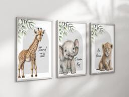 Safari Elephant Giraffe Lion Animal Baby Girls Boys A4 A3 Nursery Set Of Unframed Prints Unisex Neutral Boho Quote Beige Green Grey Jungle - thumbnail 1