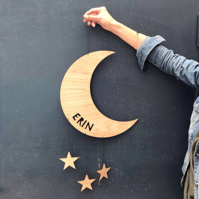 Personalised Moon & Stars Hanging Name Decoration - Nursery Mobile Wall New Baby Gift Or Christening Sign