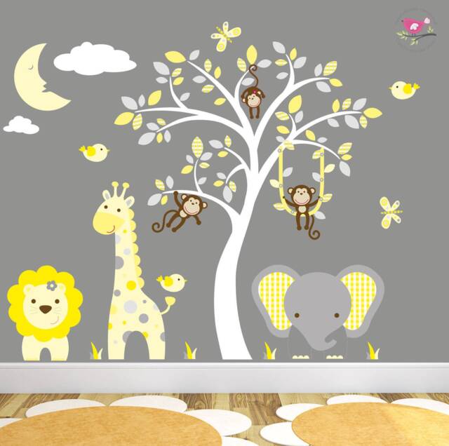 Jungle Animal Nursery Wall Decals Grey, Yellow, & White Fabric Stickers - image 1