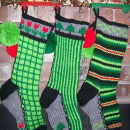 Hand Knit Christmas Stocking Green Window Pane Check Red Flowers By Santa's Works - thumbnail 3