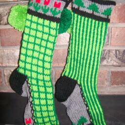 Hand Knit Christmas Stocking Green Window Pane Check Red Flowers By Santa's Works - thumbnail 2