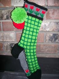 Hand Knit Christmas Stocking Green Window Pane Check Red Flowers By Santa's Works - thumbnail 1