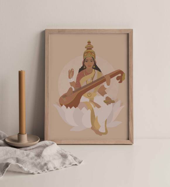 Saraswati, Goddess Illustration A4 A3, Hindu Goddess, India Artwork, Illustration, Saraswati - image 1