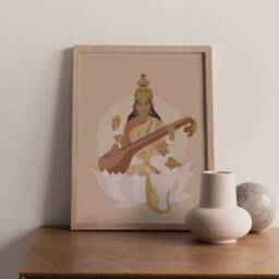Saraswati, Goddess Illustration A4 A3, Hindu Goddess, India Artwork, Illustration, Saraswati - thumbnail 3